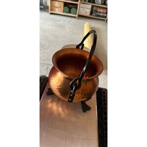 Vtg Handmade Hand Hammered Copper Kettle With Black Iron Handle Made In Germany